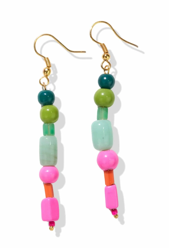INK + ALLOY PINK AND GREEN GLASS BEADED DANGLE EARRINGS