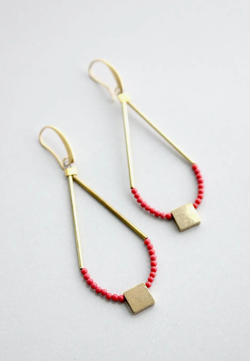 DAVID AUBREY RED AND BRASS EARRING
